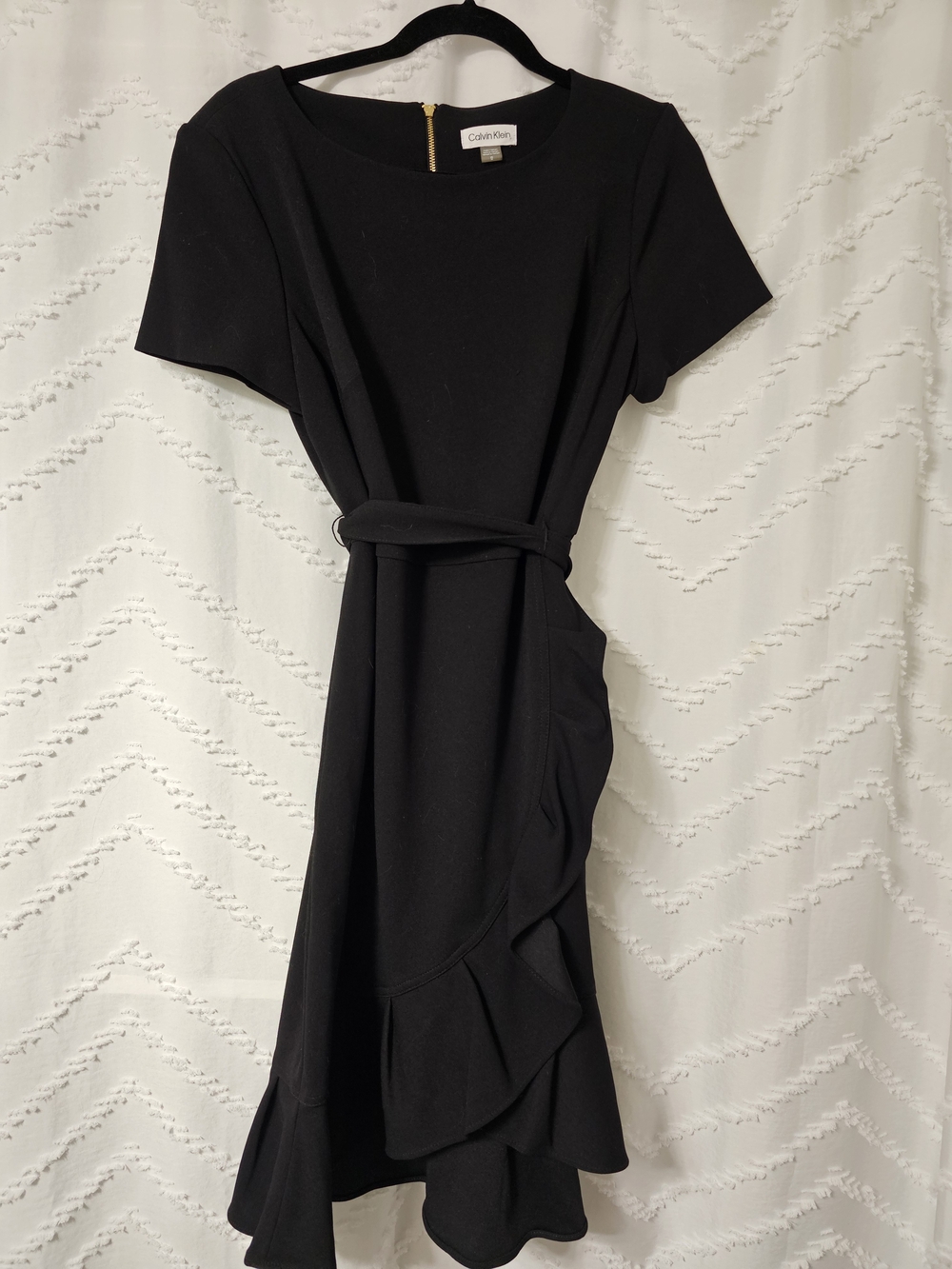 Calvin Klein Black Short-Sleeve Wrap Midi Dress with Ruffle Hem